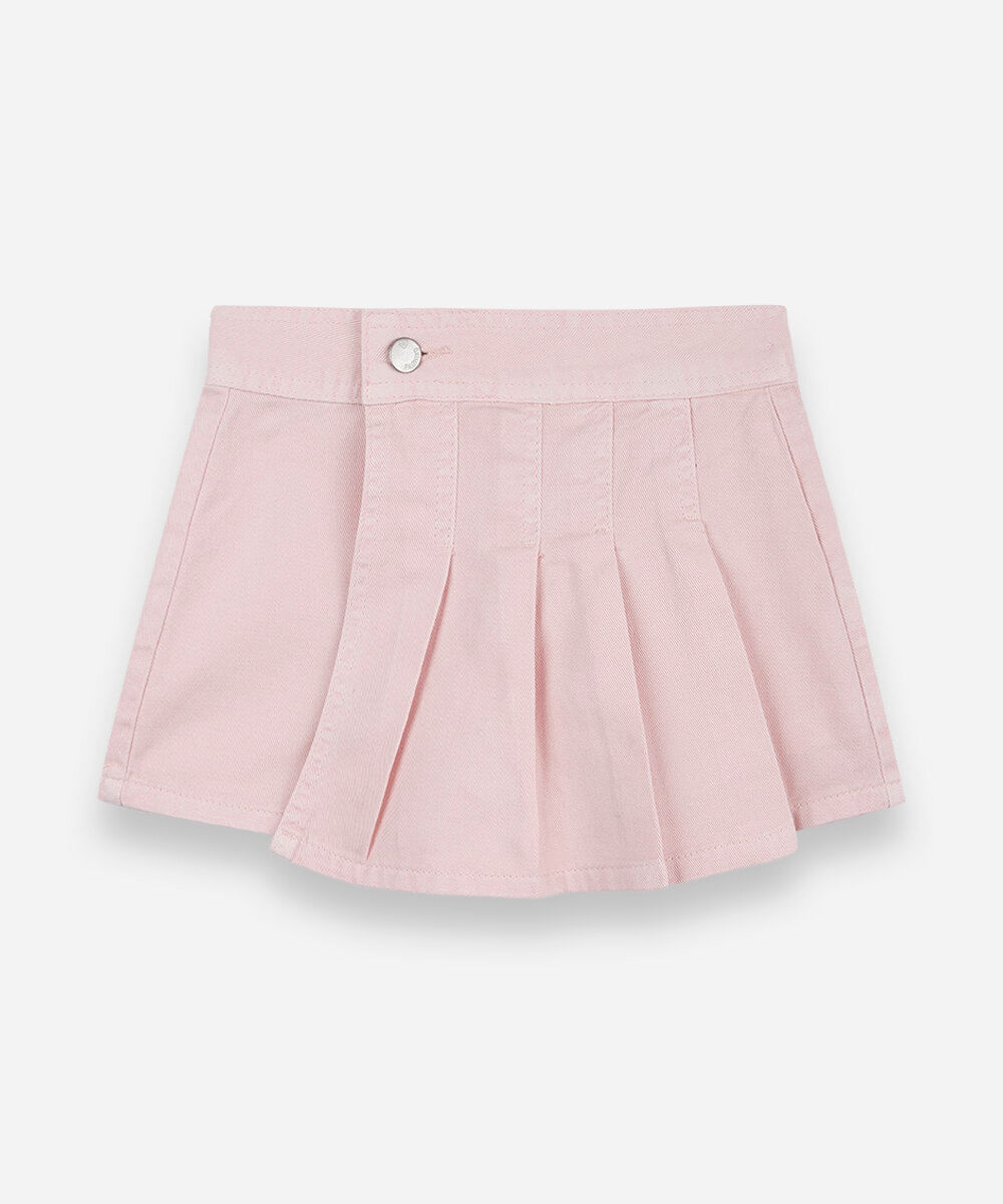 short saia infantil plissada de sarja rosa