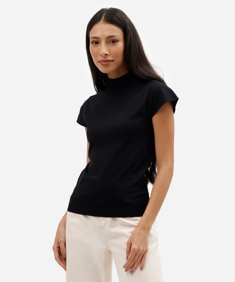 blusa feminina de tricot gola alta manga curta preta