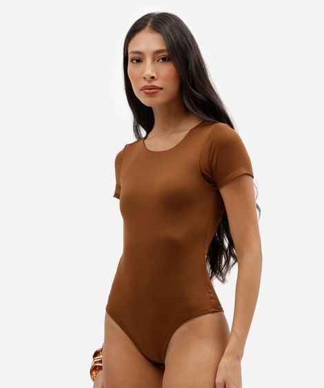 body feminino decote redondo manga curta marrom