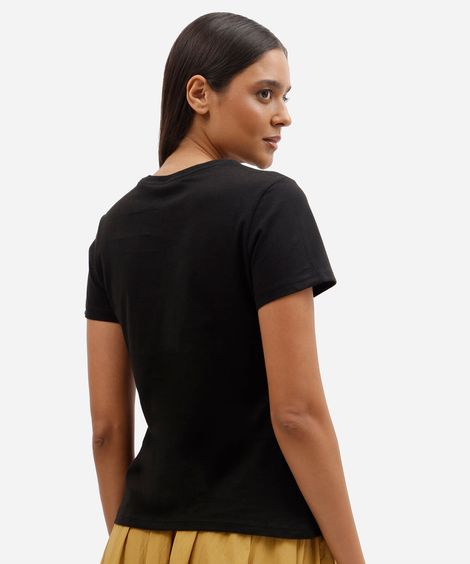 camiseta slim feminina de algodão manga curta floral básica preta