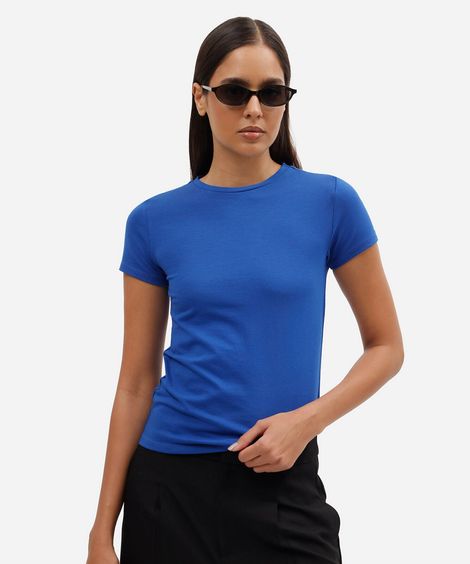 camiseta básica feminina de algodão manga curta azul