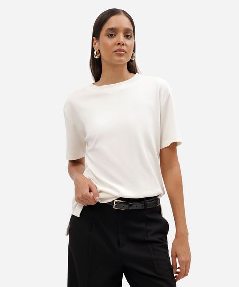 camiseta básica feminina de algodão peruano oversized com fendas off white