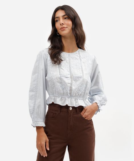 cropped feminino de algodão com renda azul