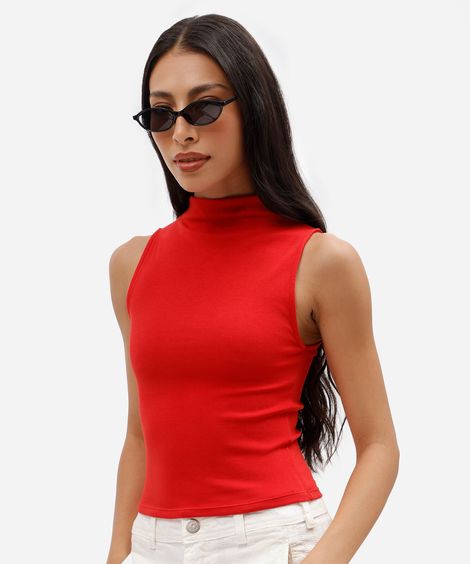 blusa feminina de algodão gola alta canelada vermelha
