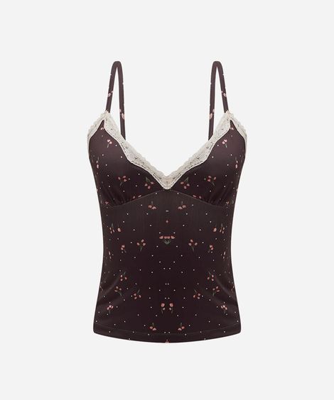 regata alça fina feminina com renda floral preta
