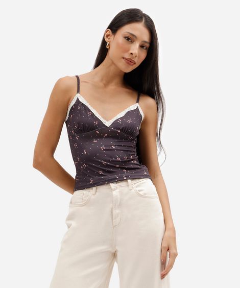 regata alça fina feminina com renda floral preta