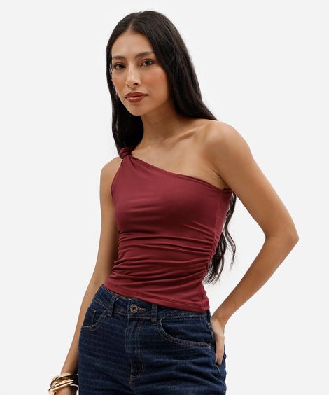 blusa ombro único feminina franzida com nó vinho