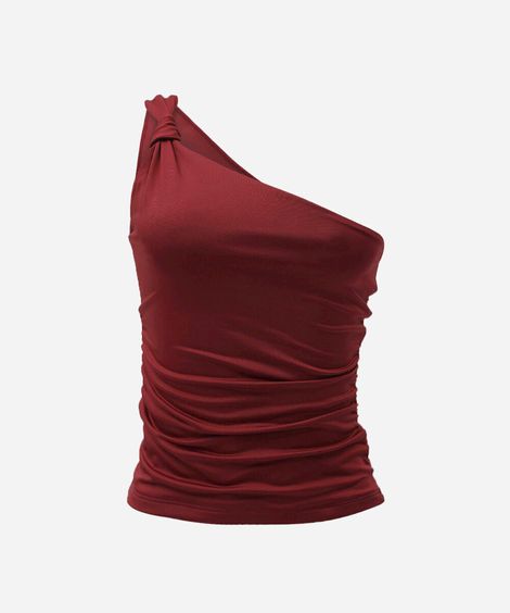 blusa ombro único feminina franzida com nó vinho
