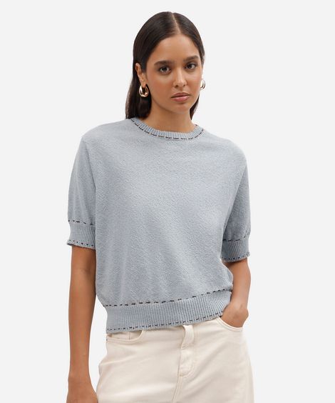 blusa feminina de tricot manga curta texturizada azul