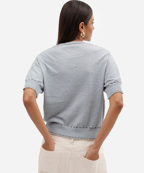 blusa feminina de tricot manga curta texturizada azul