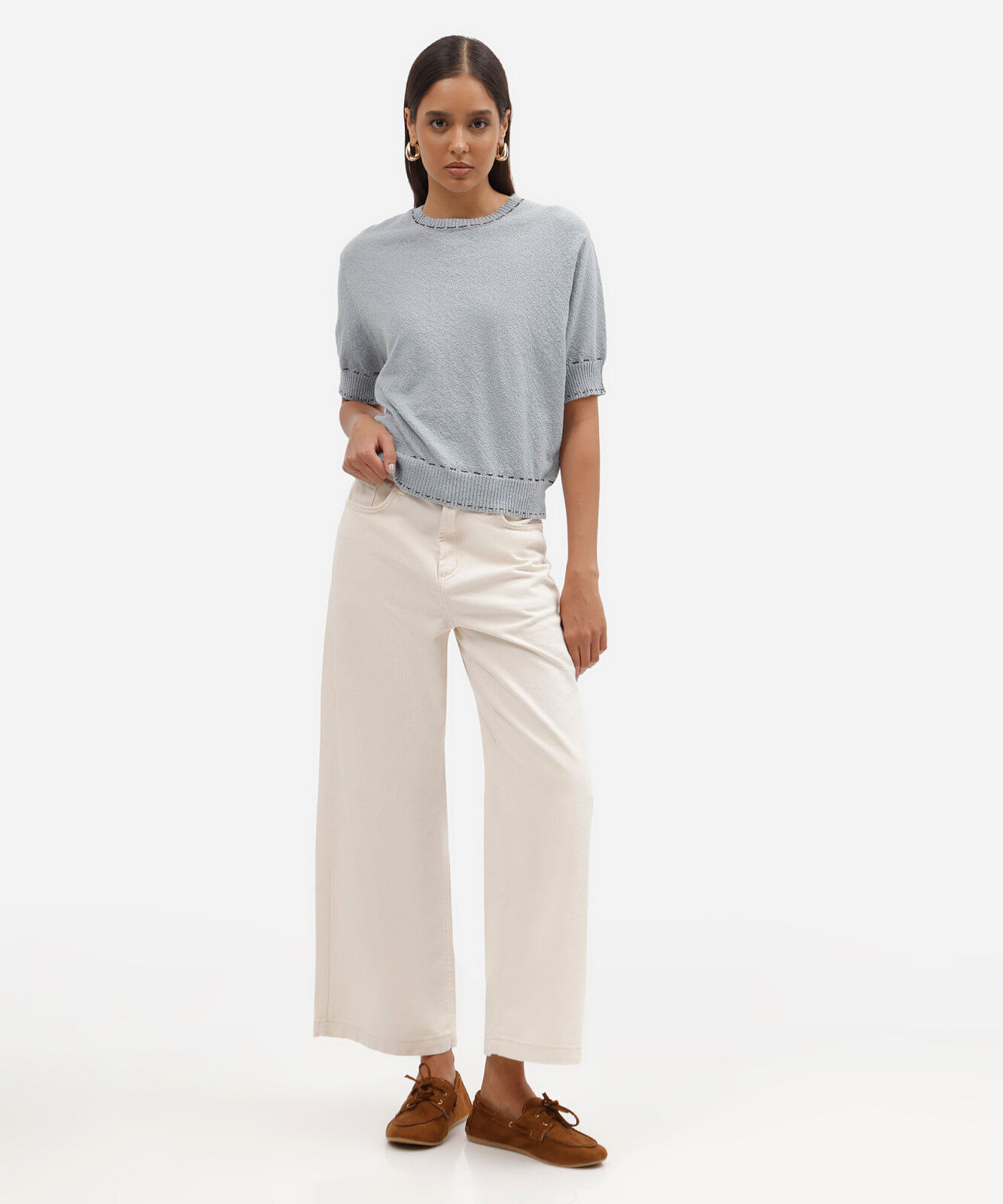 blusa feminina de tricot manga curta texturizada azul