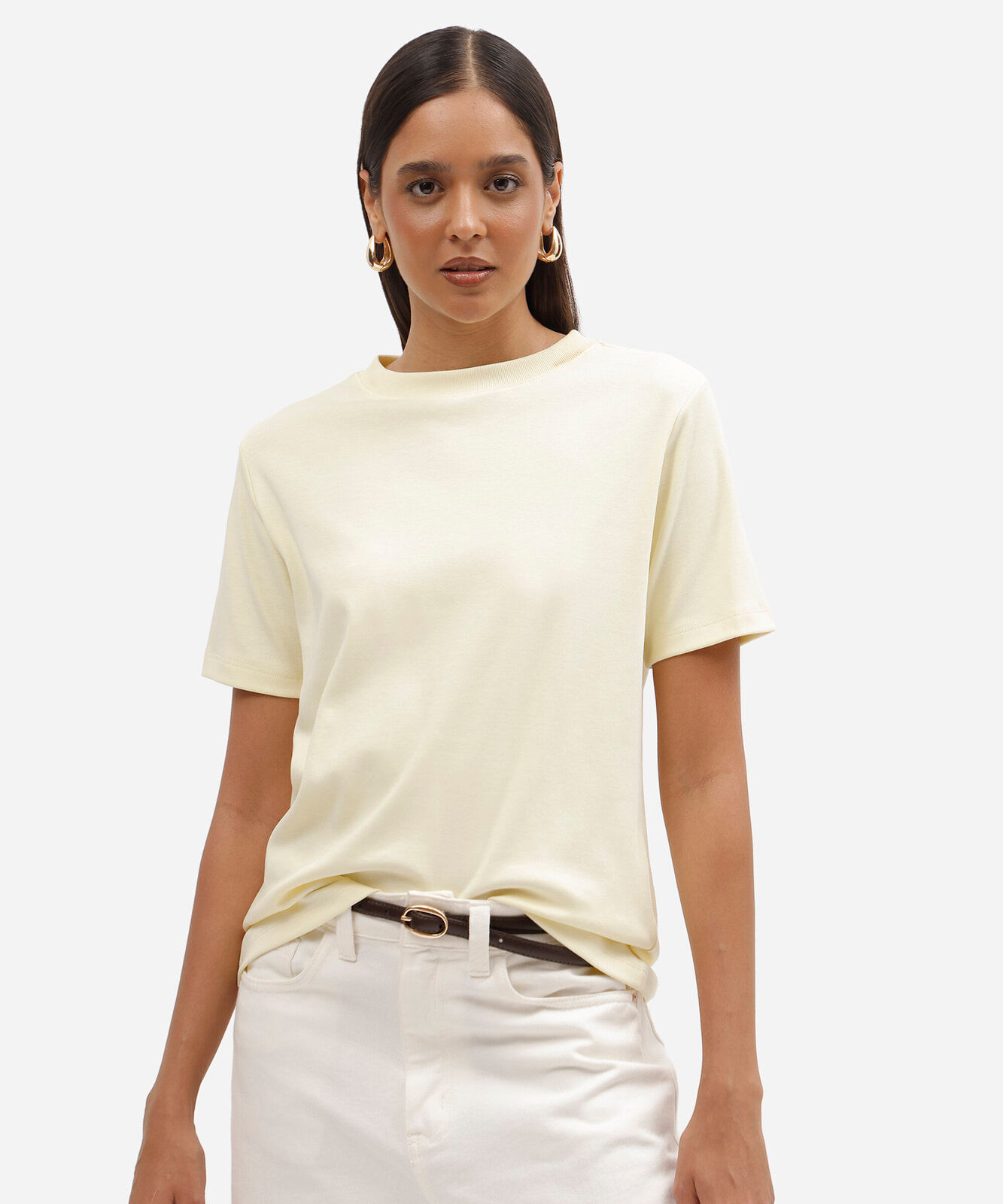 camiseta básica feminina de algodão peruano amarela