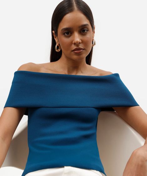 blusa feminina de tricot ombro a ombro azul