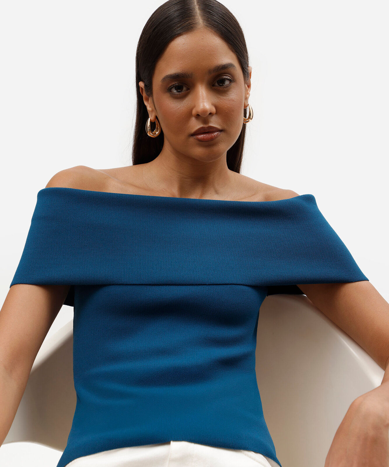 blusa feminina de tricot ombro a ombro azul