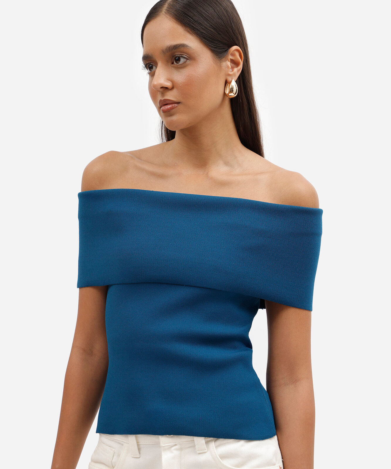 blusa feminina de tricot ombro a ombro azul