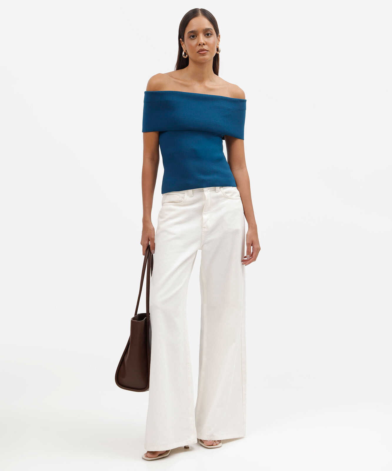 blusa feminina de tricot ombro a ombro azul