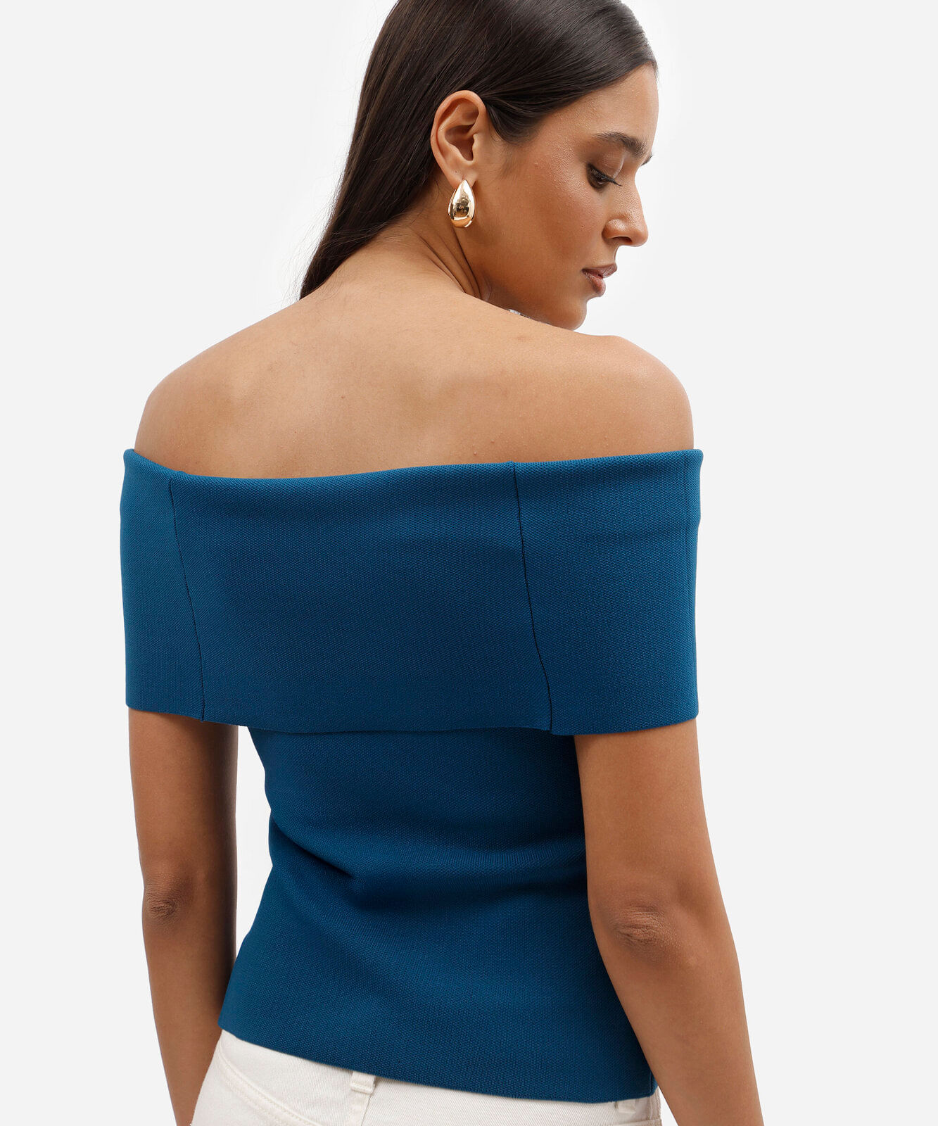 blusa feminina de tricot ombro a ombro azul