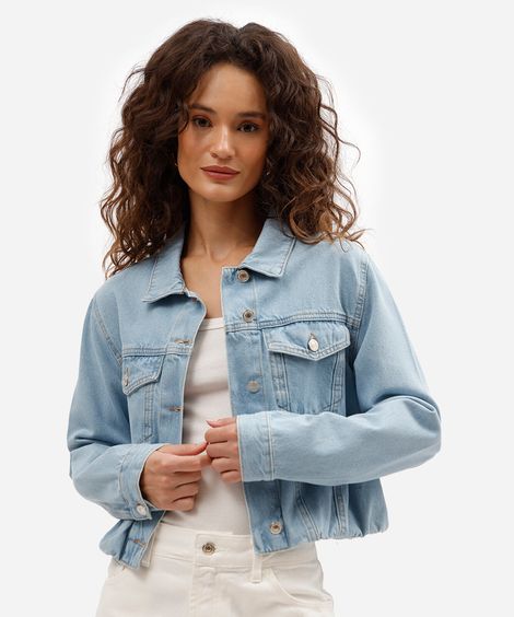 jaqueta cropped balonê feminina jeans azul