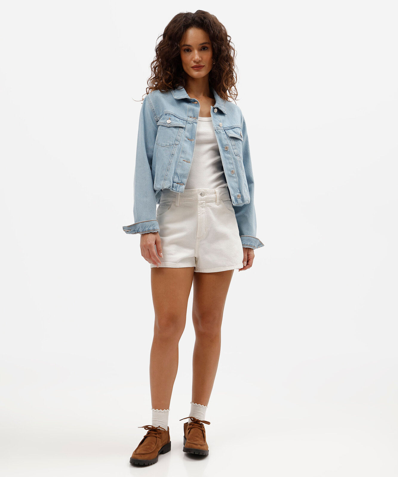 jaqueta cropped balonê feminina jeans azul