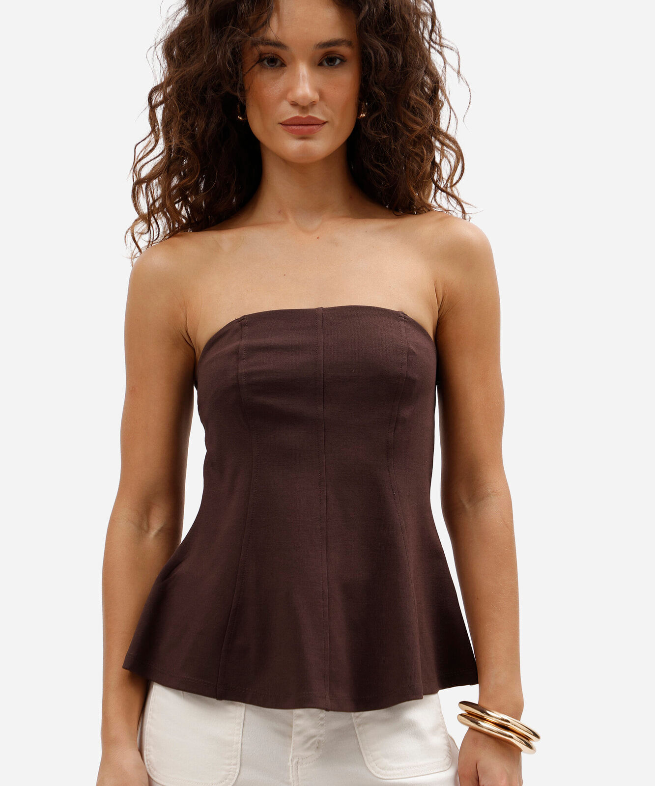 blusa sem alça feminina com viscose peplum marrom