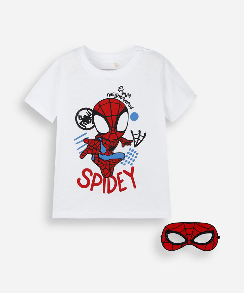 camiseta infantil de algodão manga curta homem aranha com brinde off white