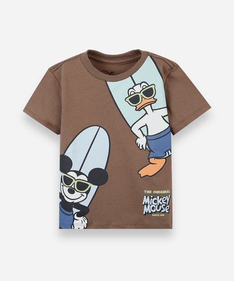 camiseta infantil de algodão manga curta mickey marrom
