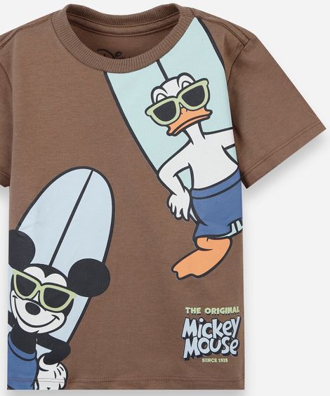 camiseta infantil de algodão manga curta mickey marrom