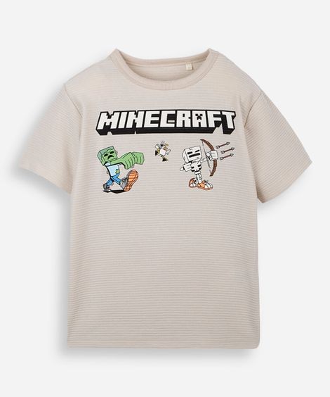 camiseta infantil com algodão manga minecraft texturizada bege