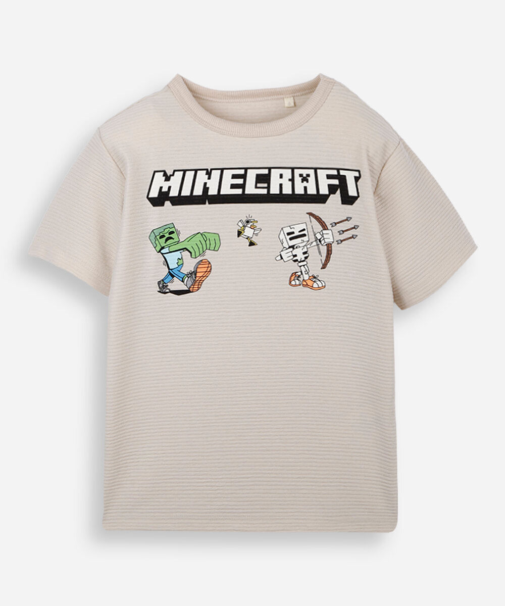 camiseta infantil com algodão manga minecraft texturizada bege