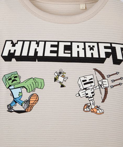 camiseta infantil com algodão manga minecraft texturizada bege