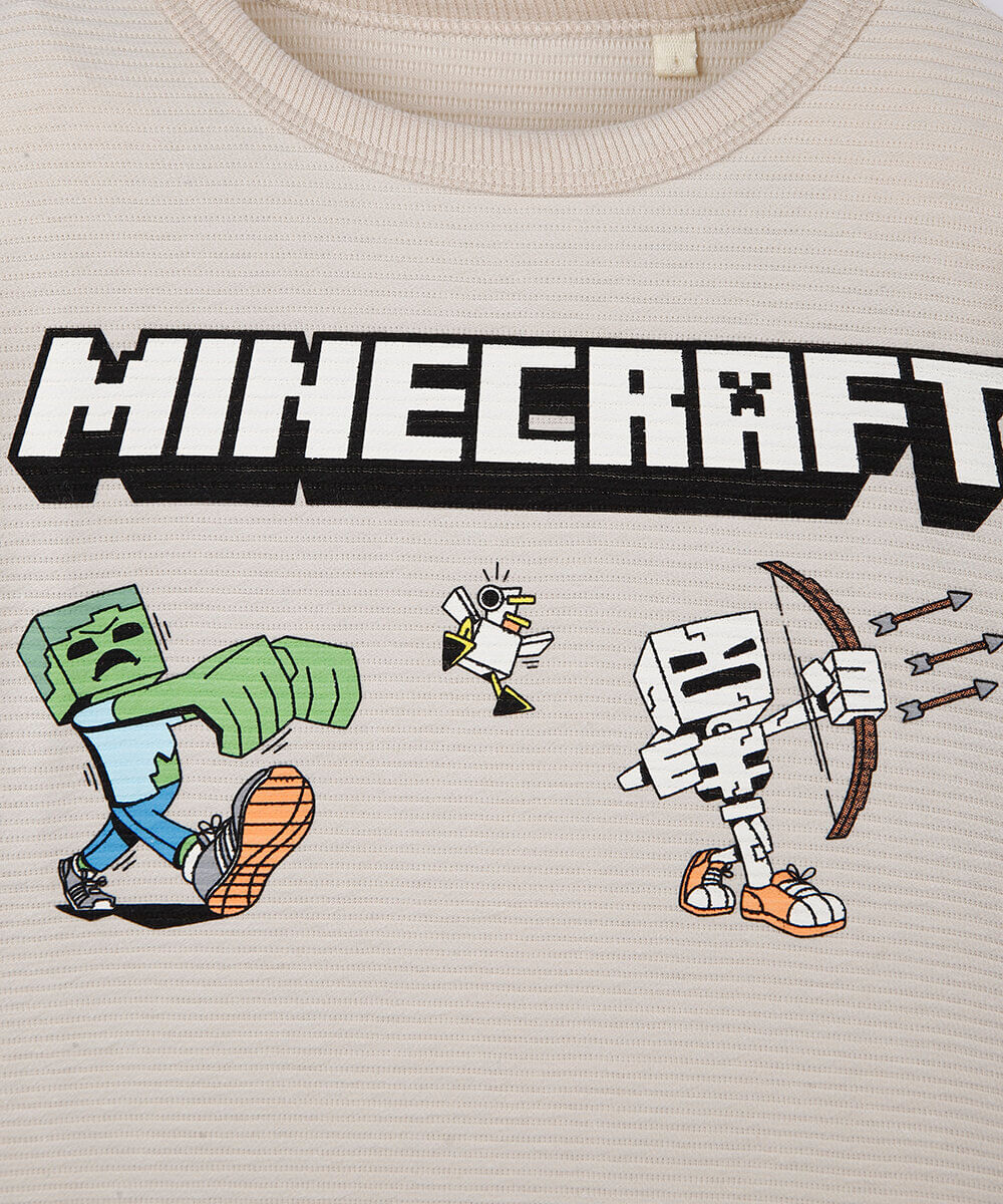 camiseta infantil com algodão manga minecraft texturizada bege