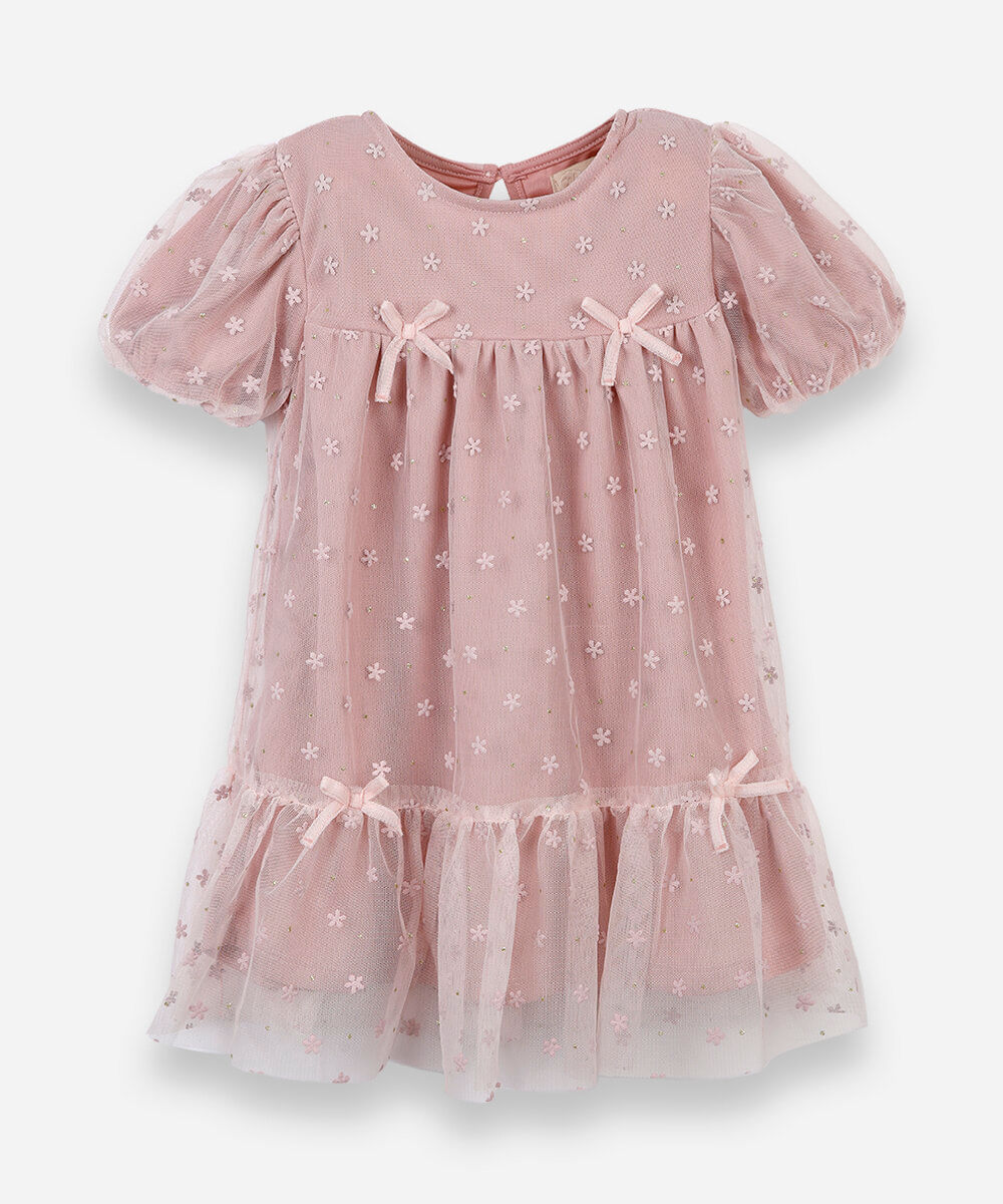 vestido infantil de tule lacinho manga curta rosa