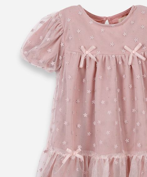 vestido infantil de tule lacinho manga curta rosa