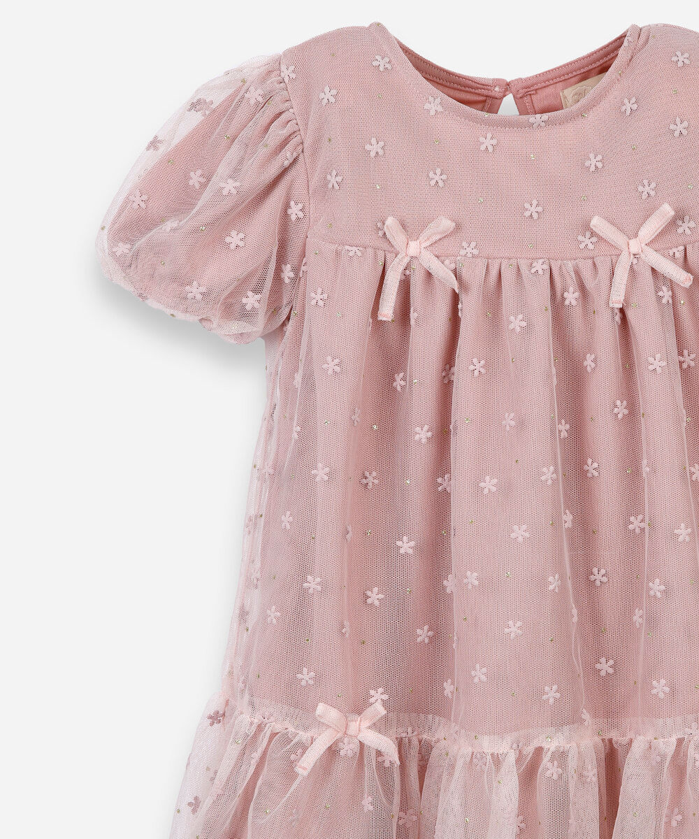 vestido infantil de tule lacinho manga curta rosa