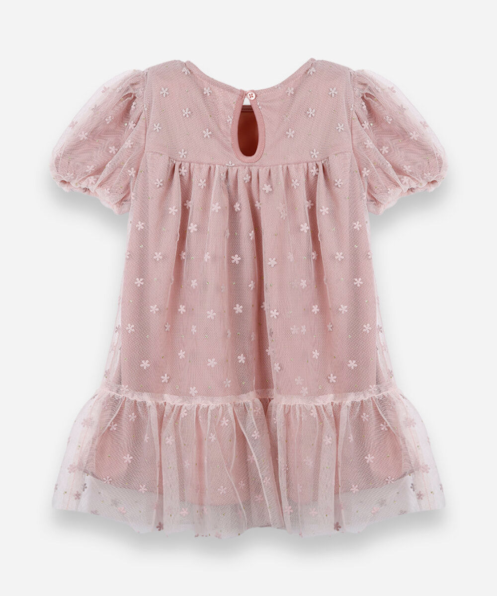 vestido infantil de tule lacinho manga curta rosa