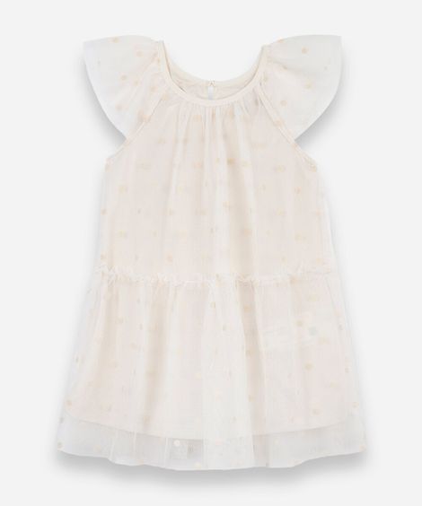 vestido infantil de tule com recorte poá off white