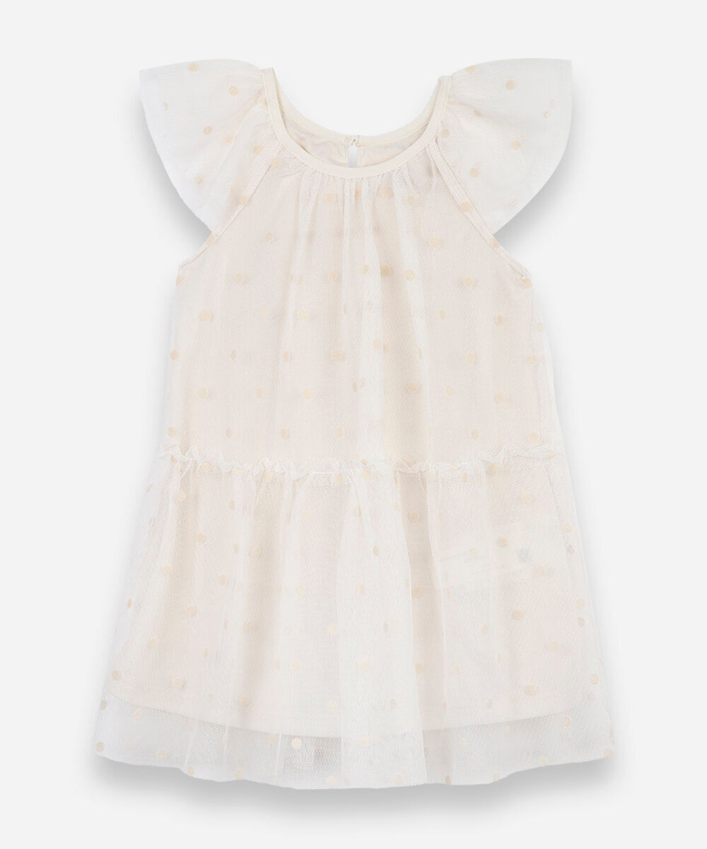 vestido infantil de tule com recorte poá off white