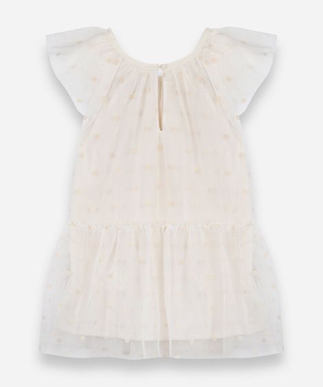 vestido infantil de tule com recorte poá off white