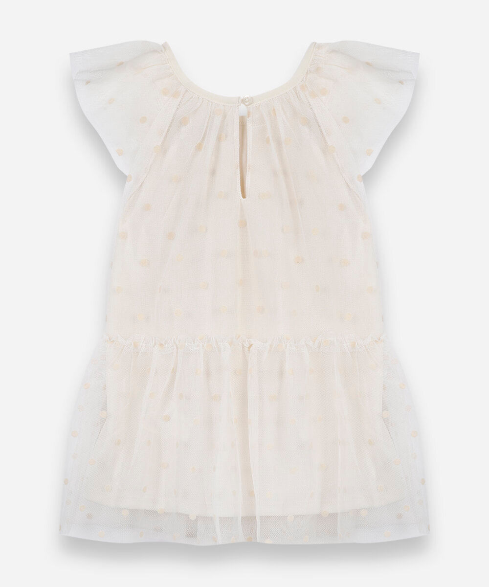 vestido infantil de tule com recorte poá off white
