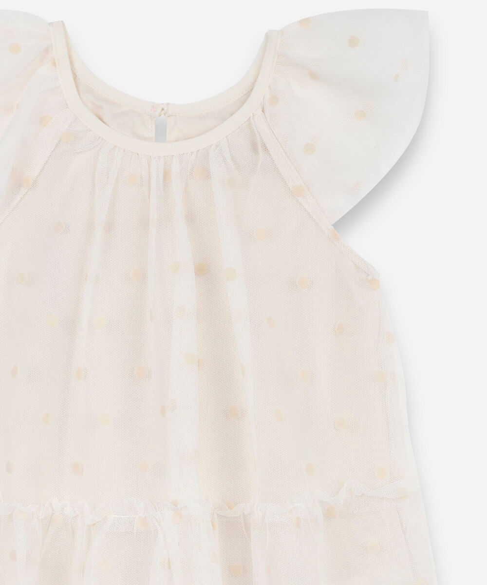 vestido infantil de tule com recorte poá off white