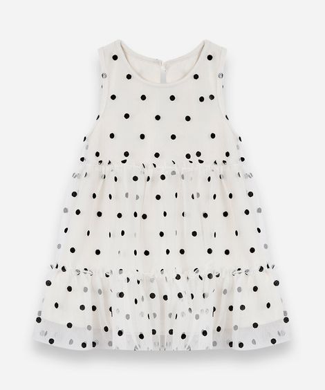 vestido infantil de tule com recortes poá bege