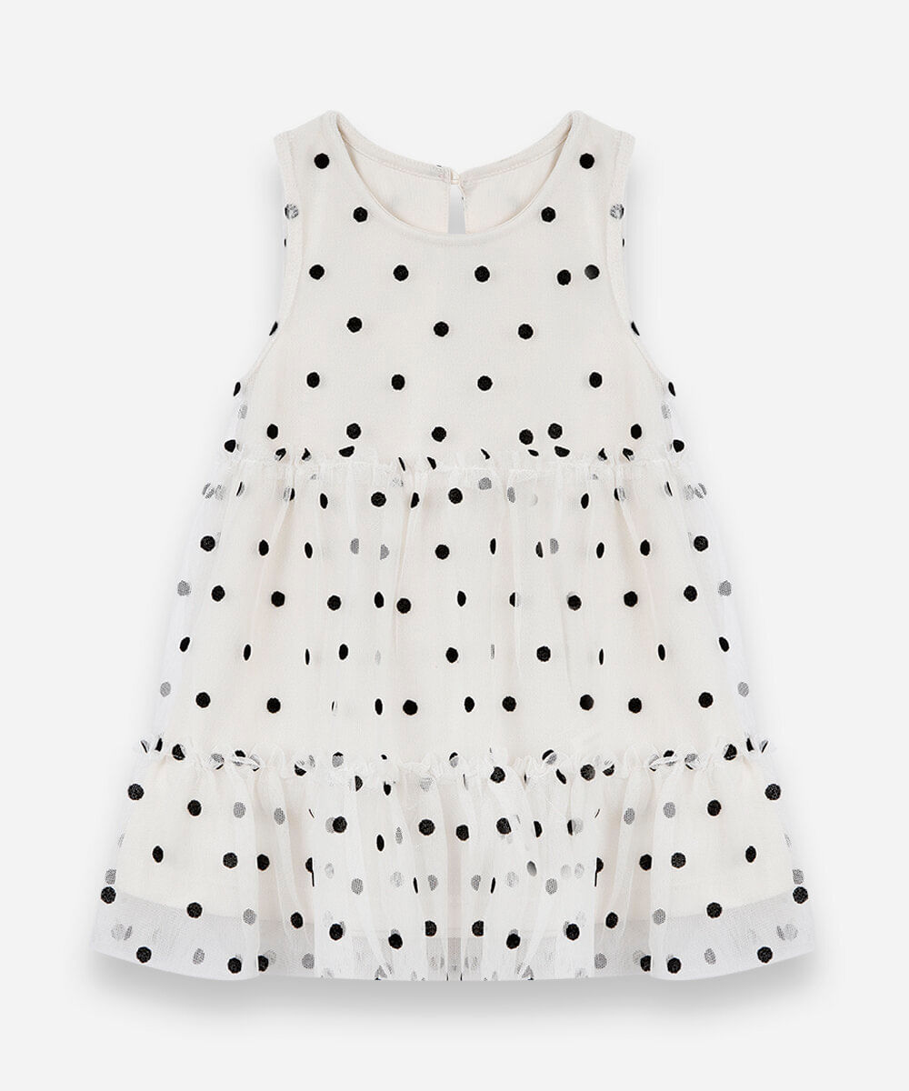 vestido infantil de tule com recortes poá bege