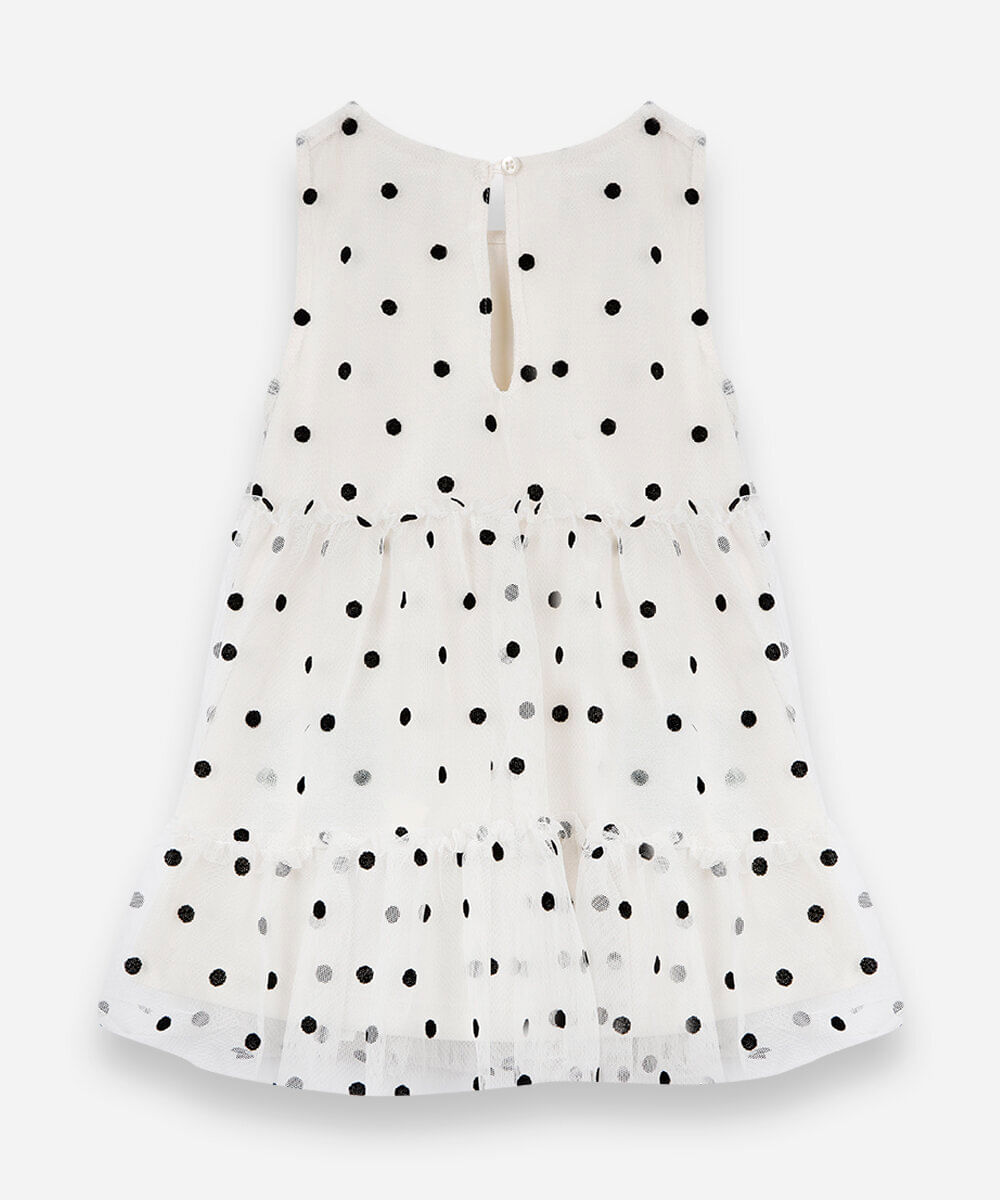 vestido infantil de tule com recortes poá bege