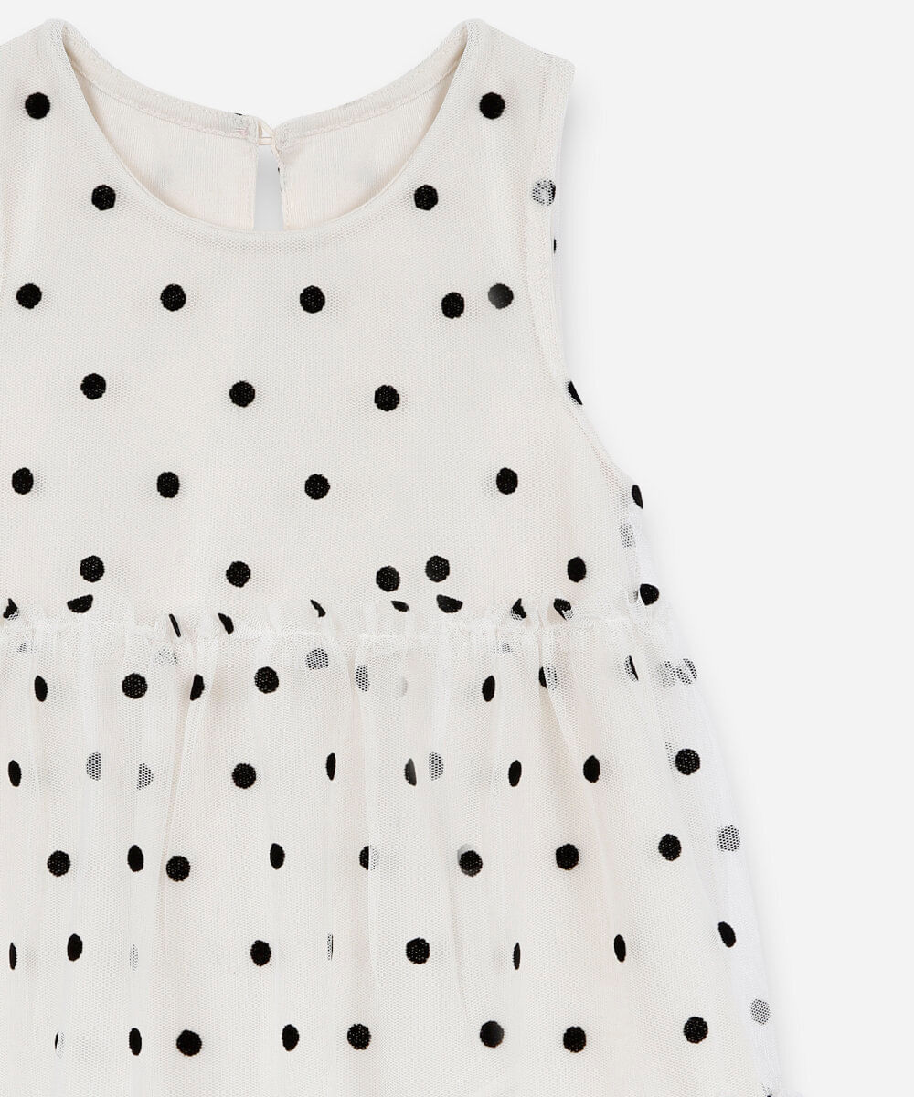 vestido infantil de tule com recortes poá bege