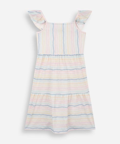 vestido infantil com babados listrado texturizado off white