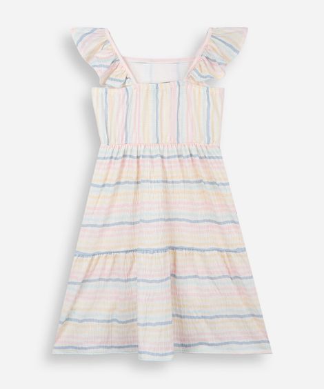 vestido infantil com babados listrado texturizado off white