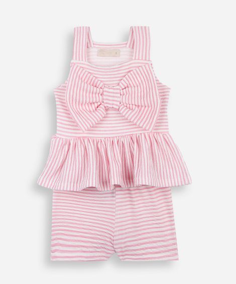conjunto curto infantil texturizado com babado e laço listrado colorido