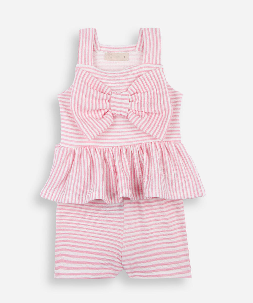 conjunto curto infantil texturizado com babado e laço listrado colorido