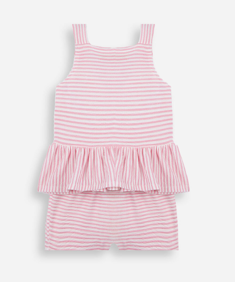 conjunto curto infantil texturizado com babado e laço listrado colorido