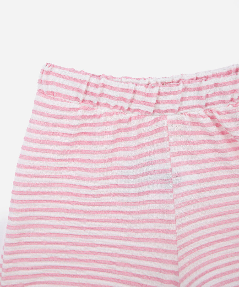 conjunto curto infantil texturizado com babado e laço listrado colorido